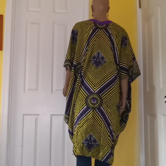 Amazing caftan style dress in cotton print yellow purple black One Size NWOT - Picture 9 of 11